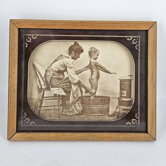 Vintage R. HENDRICKSON Print Mother Bathing Little Girl Wood Frame 1960s